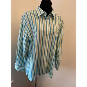 Foxcroft Blue Green Striped Wrinkle Free Button Down Shirt Womens 16 Long Sleeve